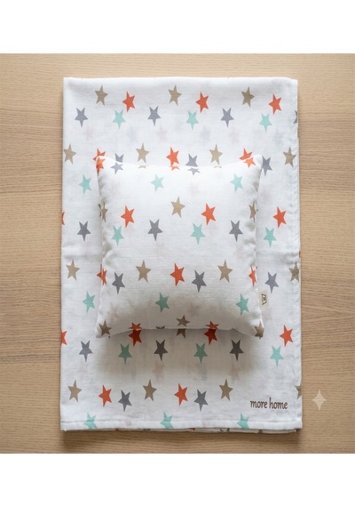 More Home % 100 Pamuklu Bebek 90x90 Müslin Örtü +35x45 Yastık Kılıfı Yıldız Desenli Çok Renkli