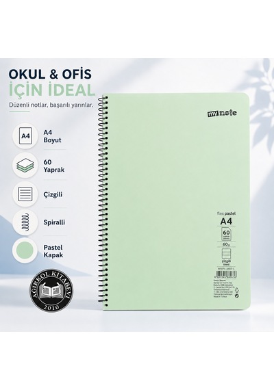 My Note Flex Pastel A4 60 Yaprak 60 Gr Spiralli Çizgili Defter Açık Yeşil