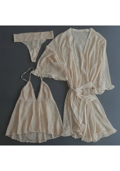 Bonbon Kadın Çeyizlik Ve Bohçalık Tül Transparan Ekru Renk Babydoll, String Ve Sabahlık 3 Lü Paket Bb2686 Bonbon Kadın Çeyizlik Ve Bohçalık Tül Transparan Ekru Renk Babydoll, String Ve Sabahlık 3 Lü Paket Bb2686