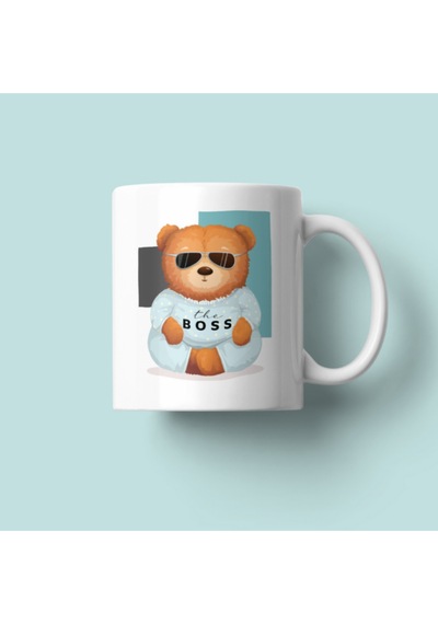 Boss Bear Baskılı Porselen Kupa Beyaz Beyaz