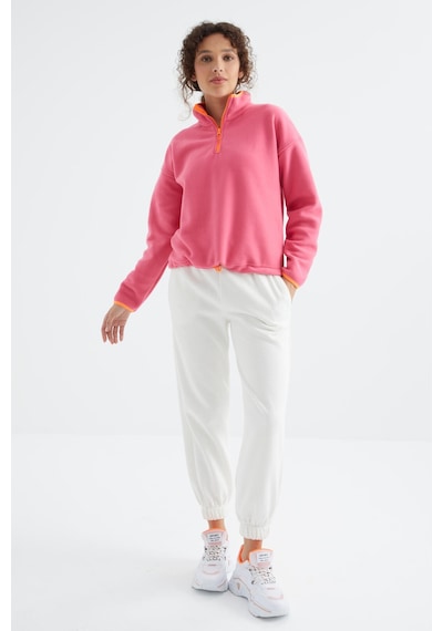 Tommy Life Şeker Pembe Yarım Fermuar Etek Ucu Büzgülü Dik Yaka Oversize Kadın Polar Sweatshirt - 97234 Şeker Pembe