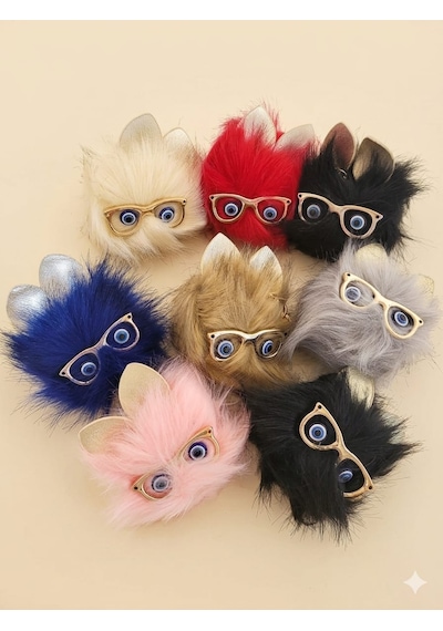 Peluş Gözlüklü Kedi Anahtarlık-çanta Charmı-maskot -12 'li Karışık
