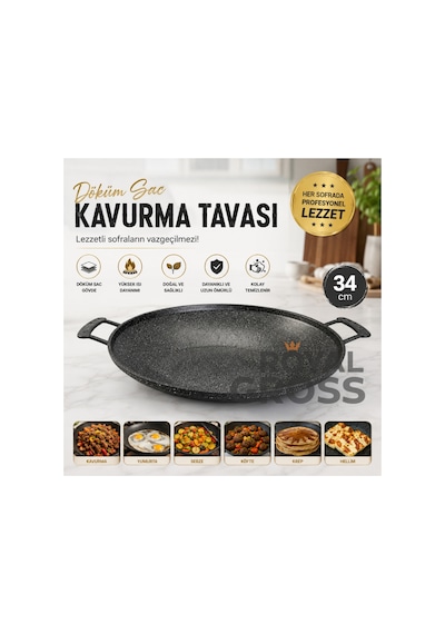 Döküm Sac Kavurma Tavası 34 Cm Çift Kulplu Izgara Ve Et Pişirme Tavası Siyah