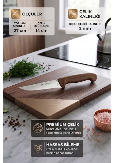 Sürmene Silver Serisi 3 Lü Mutfak Bıçak Seti Kahve Sap Yüzme Sıyırma Kasap Et Ekmek Sebze Bıçağı Hdx-104 Kahverengi