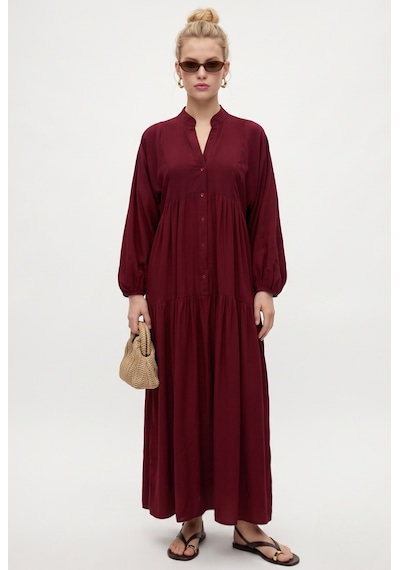 Ritnice Kadın Modest New Base %100 Viskon Bordo Maksi Boy Yazlık Elbise