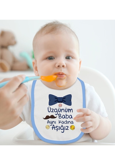 BK Kids Aynı Kadına Aşığız Tasarımlı Mavi Bebek Mama Önlüğü Mavi