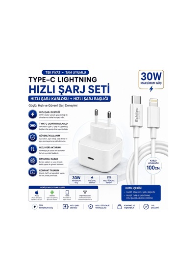 Schitec 30w Type-c Çıkışlı Hızlı Şarj Adapörü Başlığı Ve Type-c To Lightning Ve Hızlı Şarj Kablosu