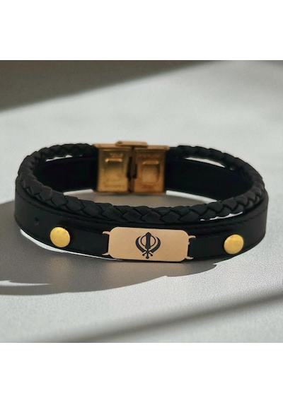 Archin Khanda Temalı 14 Ayar Altın Plakalı Hakiki Siyah Derili Oval Motifli Hediye Bileklik-563sembol Khanda Archin Khanda Temalı 14 Ayar Altın Plakalı Hakiki Siyah Derili Oval Motifli Hediye Bileklik-563sembol Khanda