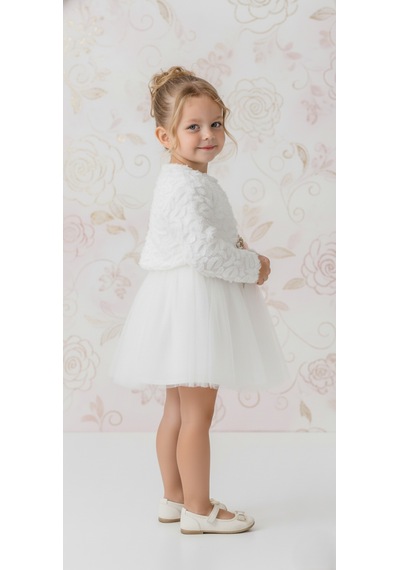 Mnk Baby & Kids Triko Bolerolu Bel Çiçekli Kız Bebek Elbise M00773 ekru