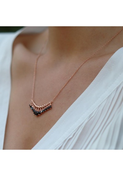 Siyah Zirkon Taşlı Rose Gold Kaplama Shakira Gümüş Kolye Gümüş