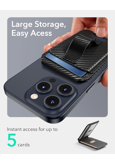 5 Kart İçin Manyetik Cüzdan Standı Parmak Halkalı, Magsafe & Halolock Uyumlu, Karbonfiber Karbon