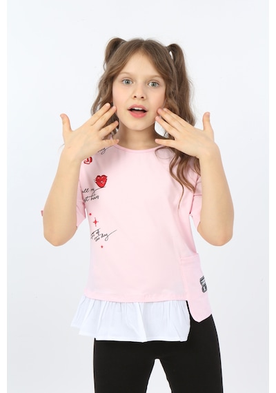 Toontoy Kids Toontoy Kız Çocuk Cool And Fancy Yazılı Kalp Baskılı Tişört Açık Pembe