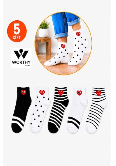 Worthy Socks 5'li Kalpli Çizgili Desenli Patik Bilek Çorap 5 Çift