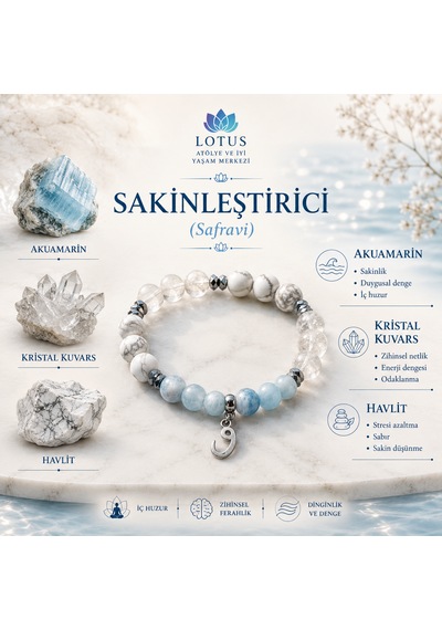 Sakinleştirici Safravi Doğal Taş Bileklik Akuamarin, Kristal Kuvars & Havlit