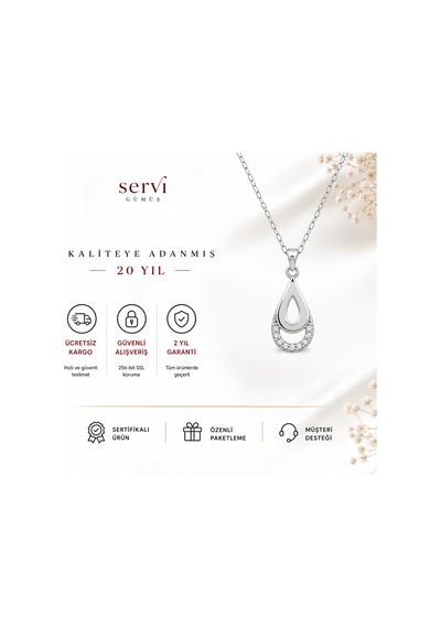 Servi 925 Ayar Gümüş Zirkon Taşlı Işıltılı Damla Kolye-471