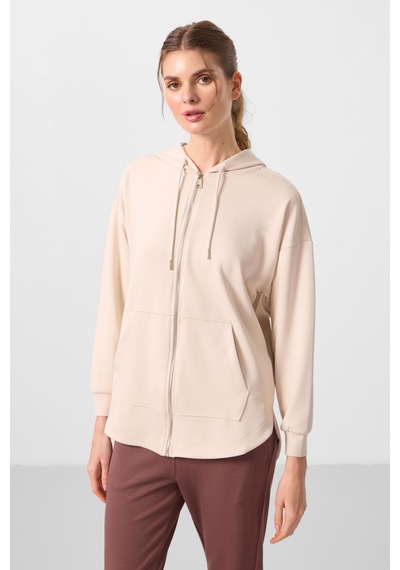 Tommylıfe Bej Yumuşak Dokulu Kapüşonlu Oversize Kadın Tunik Sweatshirt - 97302