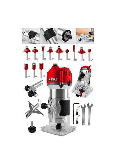Steiner 3000 W 6 Kademe Devir Ayarlı Formika Traşlama Freze Makinesi 6 MM Pens Kırmızı + 12 Adet Uç