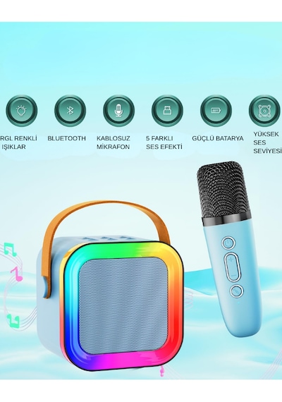 Teknozeel Mikrofonlu Karaoke 5 Ses Efektli Rgb Led Işıklı Bluetooth Kablosuz Hoparlör Ses Bombası Mavi Renk