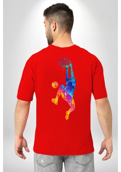 Smaç Basketbol Renkli Kırmızı Oversize Unisex Ön Ve Sırt Baskılı Tişört Kırmızı