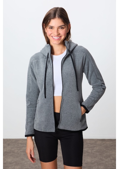 Tommy Life Gri Melanj Kalın Yumuşak Dokulu Kapüşonlu Standart Fit Nakışlı Polar Kadın Sweatshirt -97287 Gri Melanj