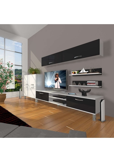 Decoraktiv Eko 6y Mdf Dvd Krom Ayaklı Tv Ünitesi Tv Sehpası Beyaz - Siyah