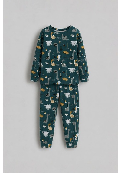 Zuzunga Erkek Çocuk %100 Pamuk Süprem Kumaş Uzun Kollu Mevsimlik Pijama Takımı Haki