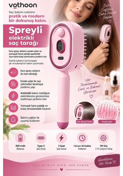 Elektrikli Spreyli Saç Tarağı 300 Mah Type C Şarjlı İnce Spreyli Antistatik Bakım Fırçası Pembe