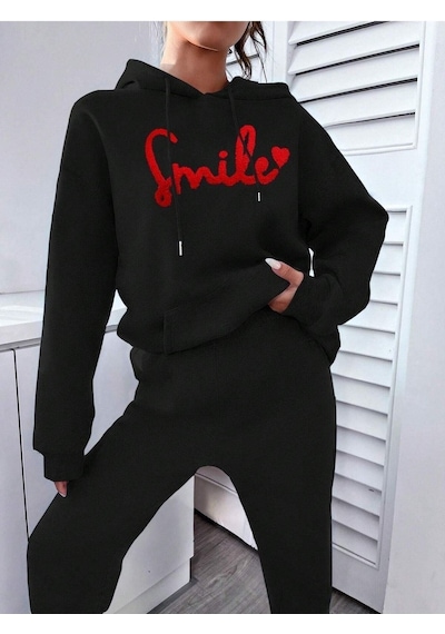 Smile Eşofman Takımı Sweatshirt Jogger - Siyah Baskılı Oversize Şardonlu Kapüşonlu Siyah