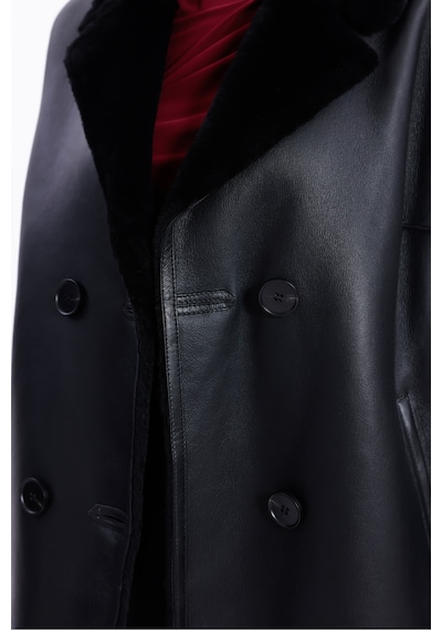 M M Marki Marki Hakiki Deri Kadın Mont Siyah İçi Kürklü Kruvaze Düğmeli Blazer Model 70 Cm - 120622