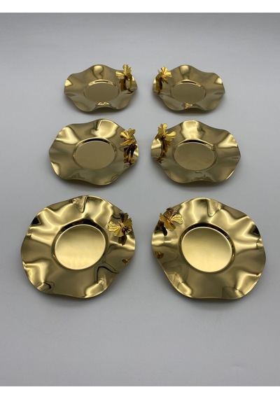 6'lı Kelebekli Gold Dalgalı Model Paslanmaz Çelik Çay Tabağı, Fincan Ve Kupa Altlığı Gold