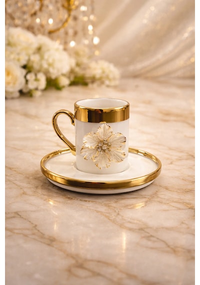 2 Li Gold Yaldızlı Porselen Lotus Çiçek Kahve Fincan Takımı 100ml Beyaz