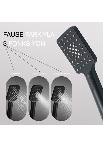 Fause El Duş Başlığı 3 Fonksiyonlu Kare Siyah Ke122-b Siyah
