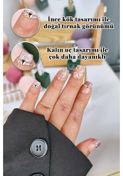 Kedi Gözü French Small Beden Protez Tırnak 10 Adet El Yapımı Takma Tırnak Seti 3701 Orta Pembe