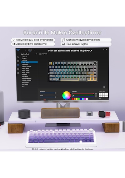 Aula F75 Mekanik Rgb Tkl Seiya Switch Kablosuz Makrolu Hot Swap Klavye Gradyan Mor