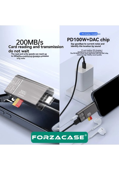 Forzacase 4in1 Taşınablilir Type-c To 3.5mm Aux , 100w Pd Ve Tf Kart Okuyucu Çevirici Adaptör - Fc1167