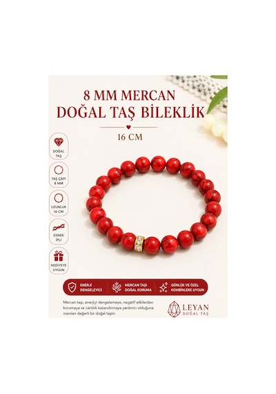 Leyan Doğal Taş 8 Mm Mercan Doğal Taş Bileklik El Yapımı Esnek İpli Unisex Sevgili Hediye Boncuk Kırmızı Kırmızı