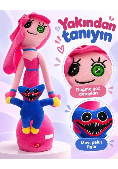 Misan Oyuncak Pembe Peluş Bebek 33 Cm Mavi Canavar Figürlü, Düğme Gözlü Tasarım