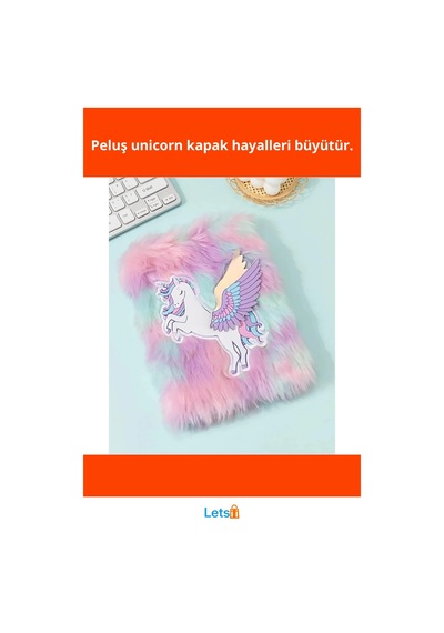Unicorn Tasarımlı Peluş Hatıra Defteri A5 80 Yaprak Renkli Çok Renkli