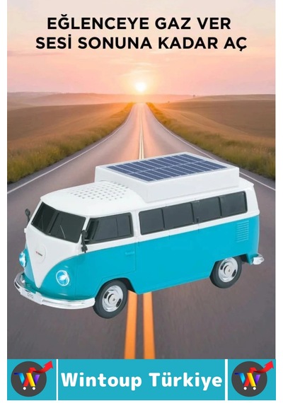 Premium Yüksek Ses Kamp Speaker Fm Solar Şarjlı Çok Şık Retro Vosvos Tasarımlı Bluetooth Hoparlör