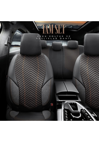 Advanced Design Özel Tasarım Premium Deri-Keten Ekstra Destekli Universal Oto Koltuk Kılıfı Tam Set