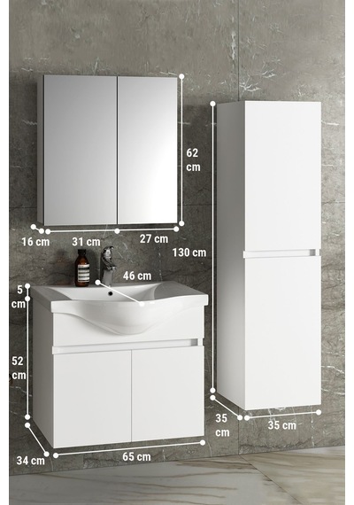 Yıldız 65+35 Cm Beyaz Mdf Seramik Lavabolu Sepetli Asma Banyo Dolabı Takımı