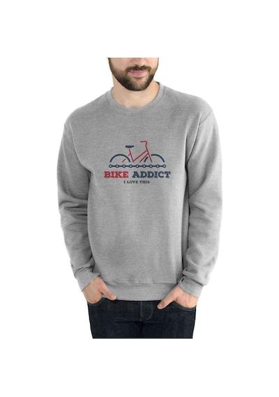 Bike Addict Baskılı Gri Erkek Örme Sweatshirt