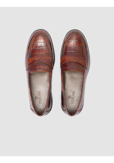 %100 Hakiki Deri Kahverengi Croco Desen Kadın Loafer Kahverengi