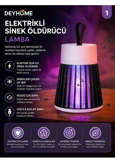 Elektrikli Sinek Öldürücü Lamba Usb Şarjlı Uv Işıklı Sivrisinek Tuzak Lambası Sessiz Çalışan Böcek Kovucu