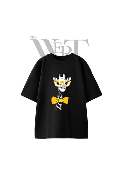 Thewert Hipster Zurafa Tasarım Baskılı Ünisex Siyah Oversize T-shirt