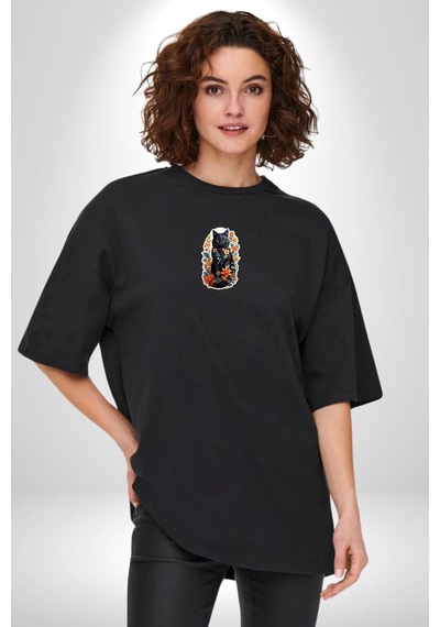 Çiçekli Siyah Kedi Etiket Siyah Oversize Unisex Ön Orta Minimal Baskılı Tişört Siyah Çiçekli Siyah Kedi Etiket Siyah Oversize Unisex Ön Orta Minimal Baskılı Tişört Siyah