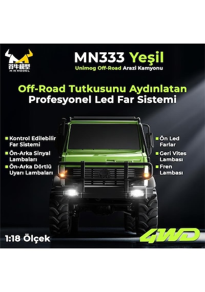 Mn Model Mn333 1/18 Mercedes Unimog U4000 4wd Rc Crawler Offroad Uzaktan Kumandalı Araba Arazi Aracı Model Car Truck Rtr Yeşil Mn-333 +dahili Işık Seti