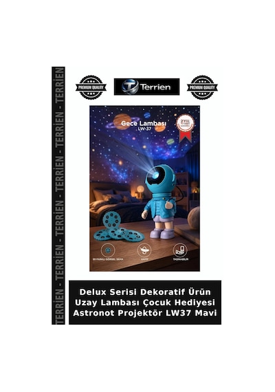 Delux Serisi Dekoratif Ürün Uzay Lambası Çocuk Hediyesi Astronot Projektör Lw37 Mavi Çok Renkli