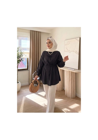 Unika Boutique Kadın Büzgü Detaylı Tesettür Gömlek Siyah