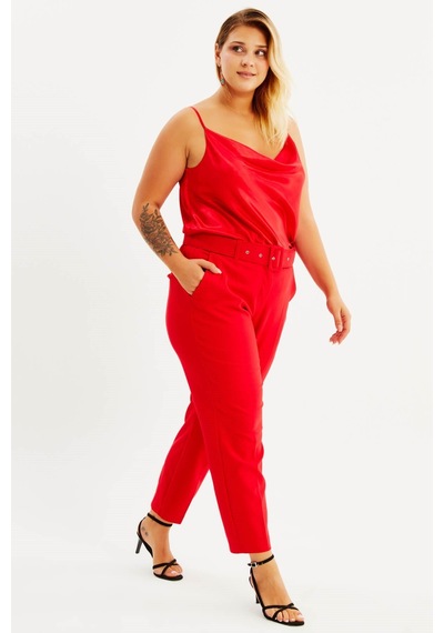 Myline Cep Detaylı Kemerli Klasik Pantolon-1619 Kırmızı